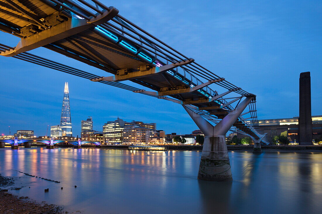 View over the River Thames with the Millennium Bridge and Tate Modern and The Shard, London, England, United Kingdom, Europe
