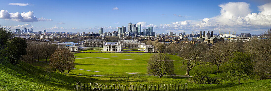 Panoramic view of Canary Wharf, the Millennium Dome, and City of London, from Greenwich Park, London, England, United Kingdom, Europe