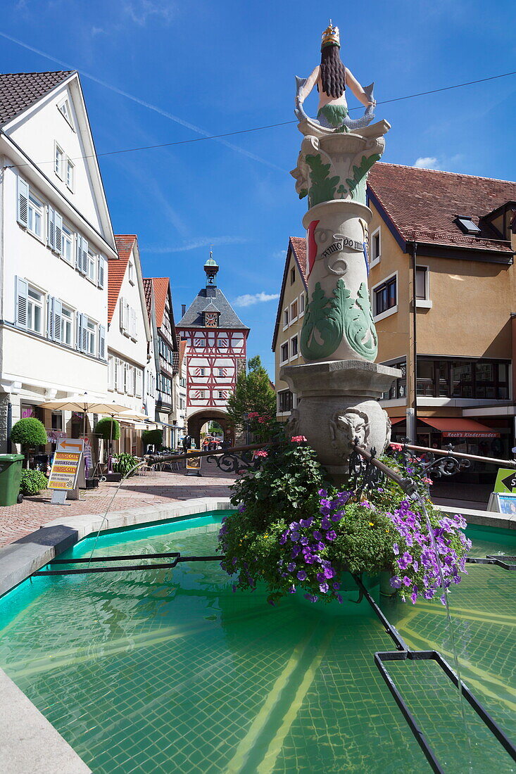 Fountain at Unteres Tor Tower, Old Town, Bietigheim-Bissingen, Ludwigsburg District, Baden Wurttemberg, Germany, Europe