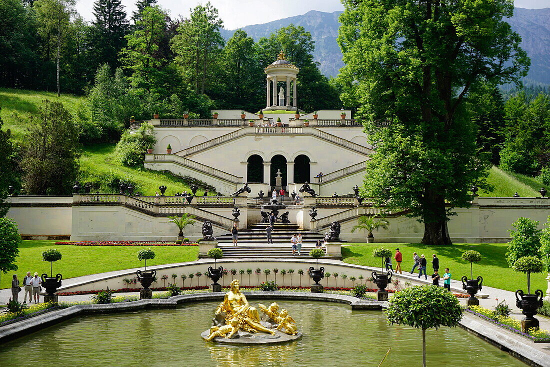Gardens at the Palace of Linderhof, King Ludwig the Second's royal villa, Bavaria, Germany, Europe