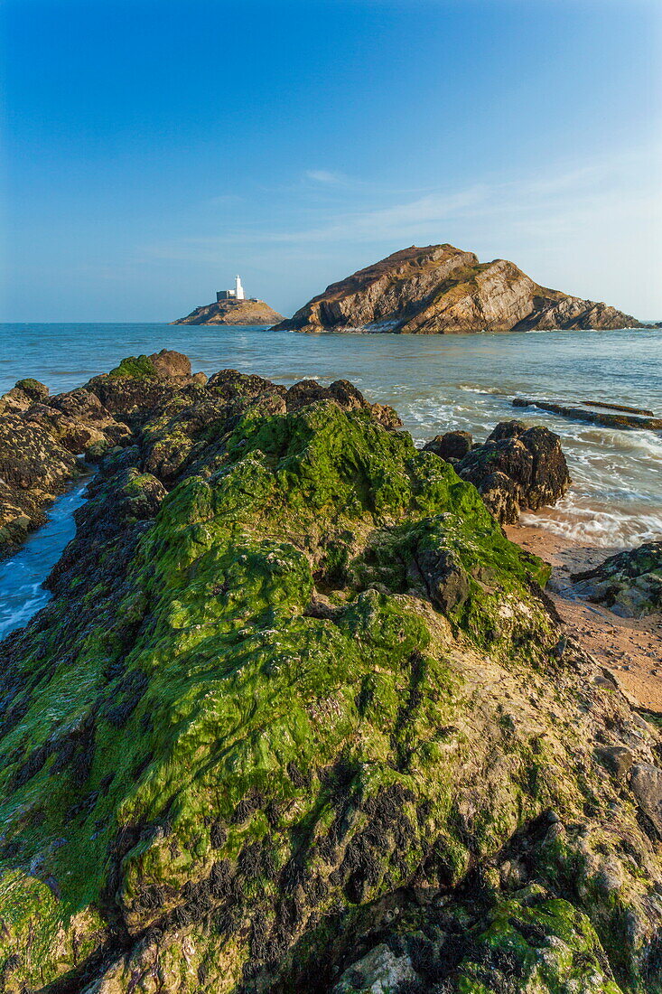 Mumbles Lighthouse, Bracelet Bay, Gower, Swansea, Wales, United Kingdom, Europe