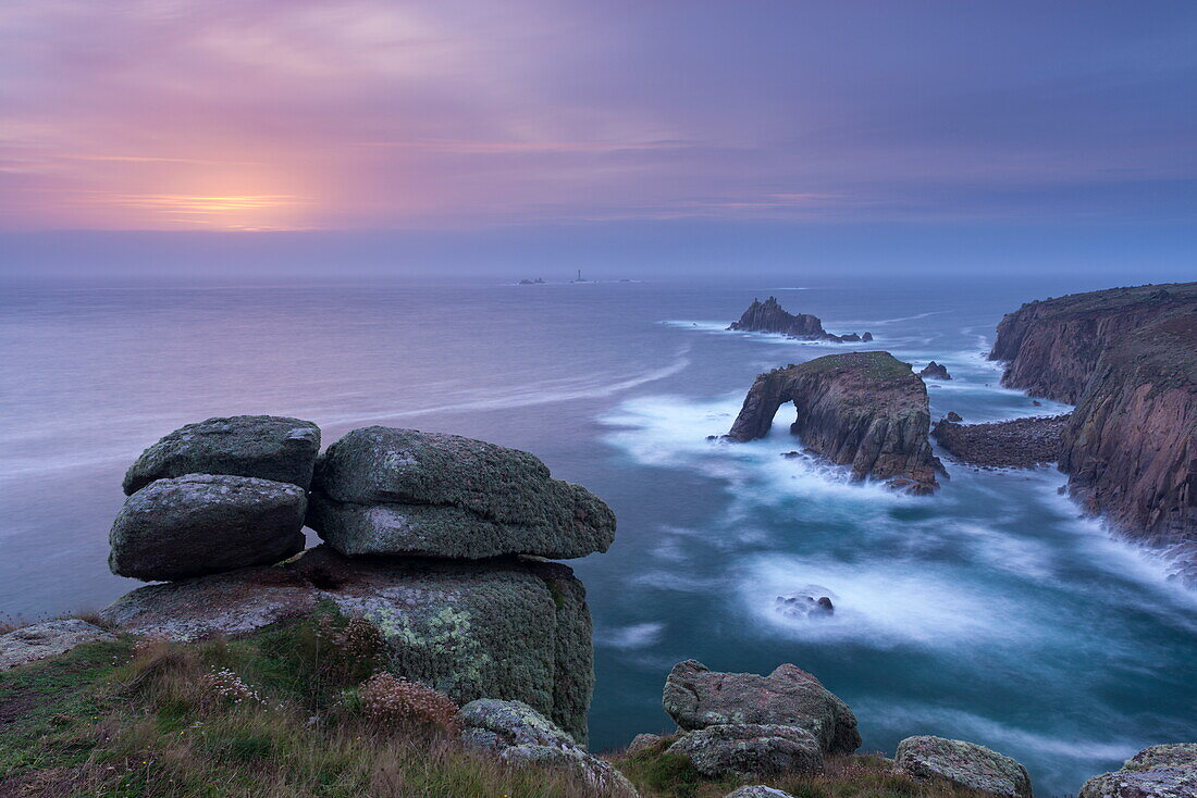 Sunset over the Atlantic near Land's End, Cornwall, England, United Kingdom, Europe