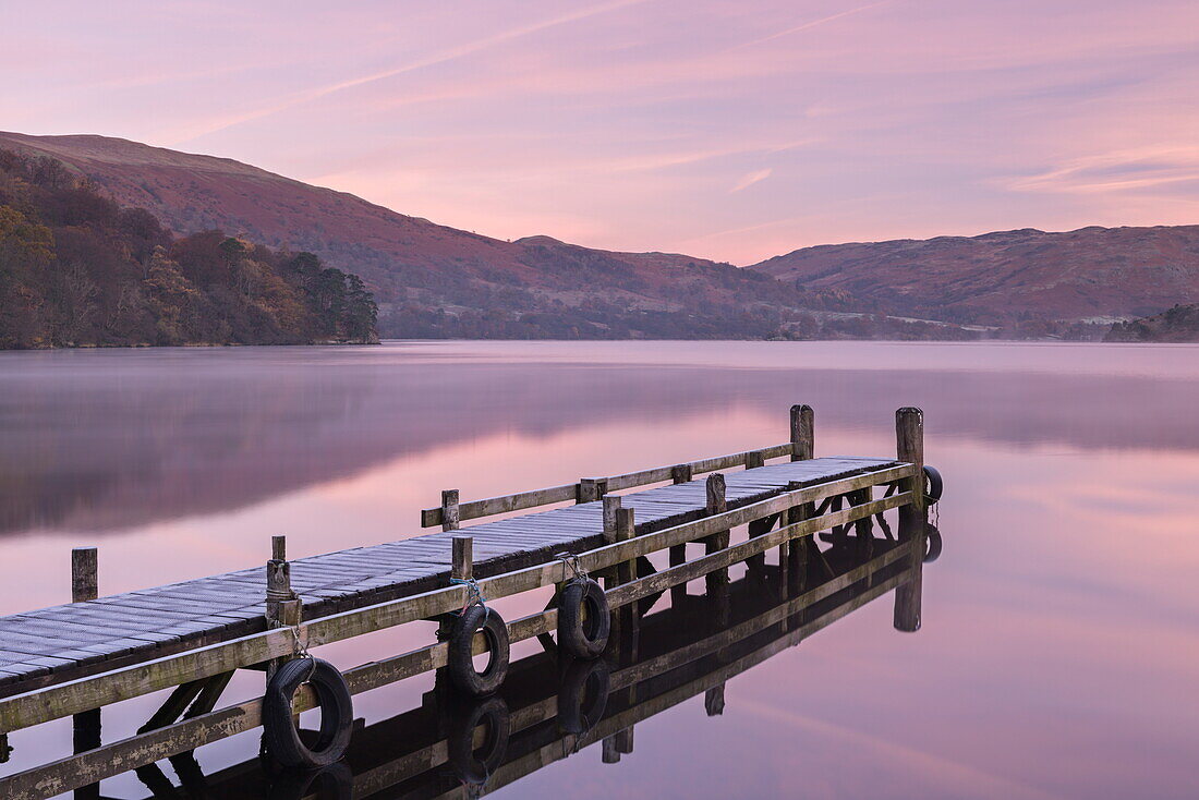 Frosty jetty on Ullswater at dawn, Lake District National Park, Cumbria, England, United Kingdom, Europe