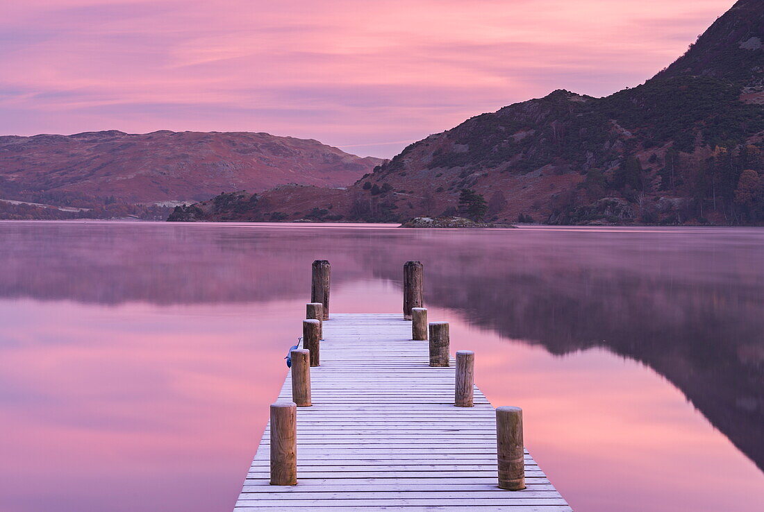 Frosty jetty on Ullswater at dawn, Lake District National Park, Cumbria, England, United Kingdom, Europe