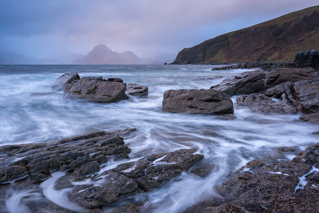 Dramatic coastline of Elgol, looking across to the Cuillins, Isle of Skye, Inner Hebrides, Scotland, United Kingdom, Europe