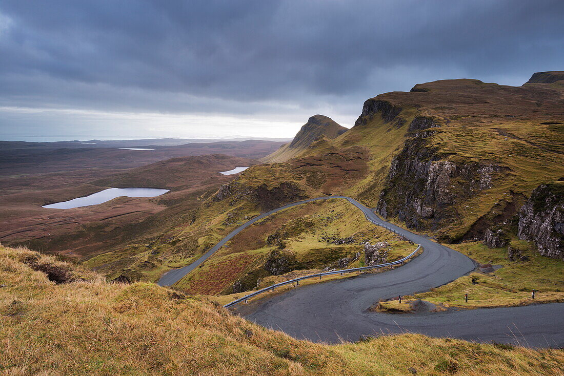 Winding road leading through mountains, Quiraing, Isle of Skye, Inner Hebrides, Scotland, United Kingdom, Europe