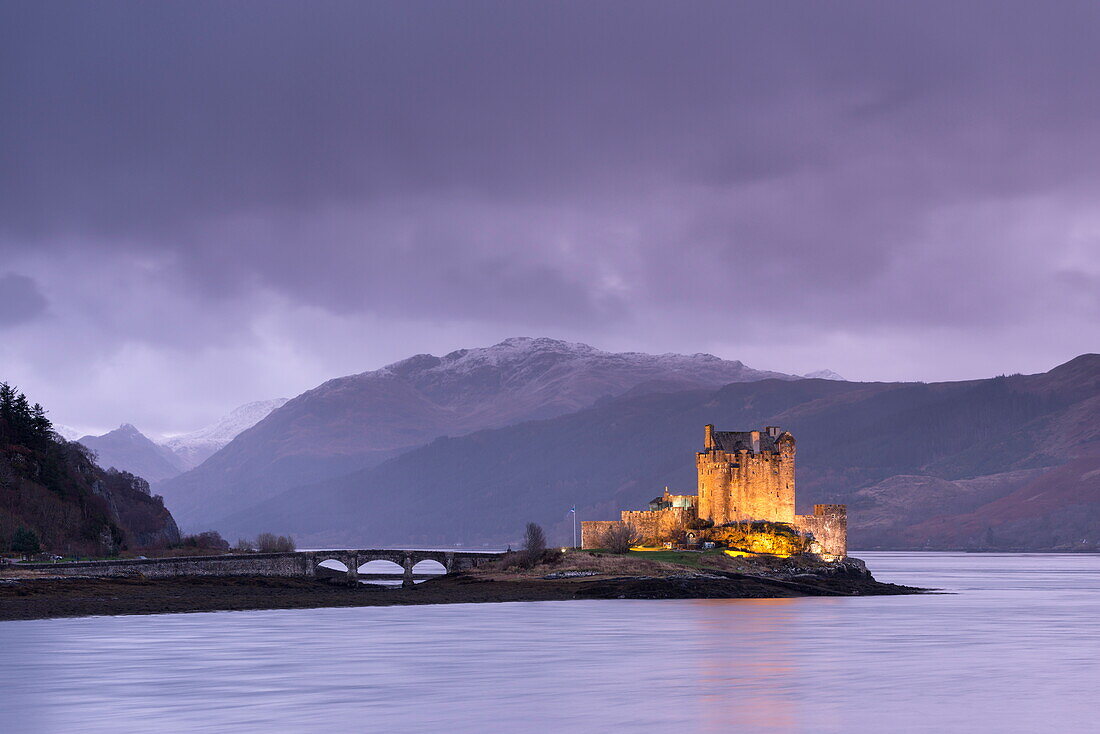 Twilight over Eilean Donan Castle on Loch Duich, Dornie, Scotland, United Kingdom, Europe