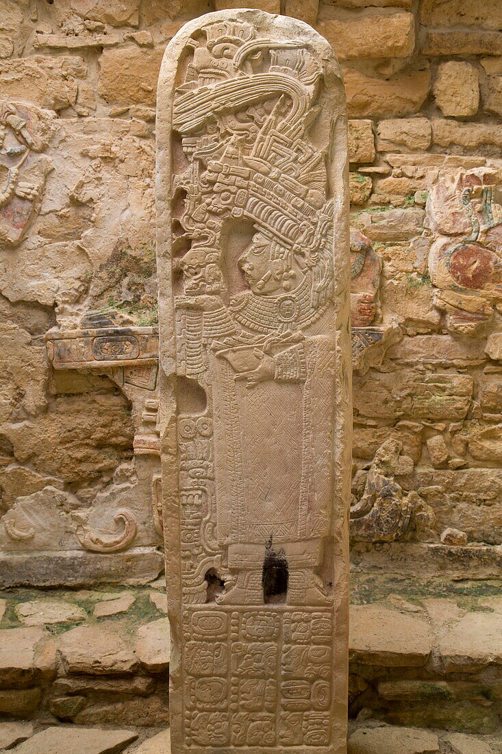 Structure 21, Stela 35, stone carving of Lady Ik Skull, Mayan Archaeological Site, Yaxchilan, Chiapas, Mexico, North America