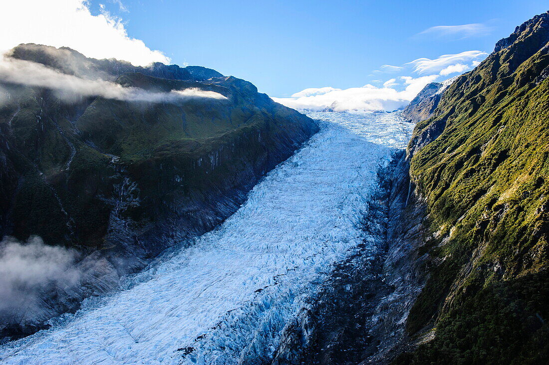 Aerial of Fox Glacier, Westland Tai Poutini National Park, South Island, New Zealand, Pacific