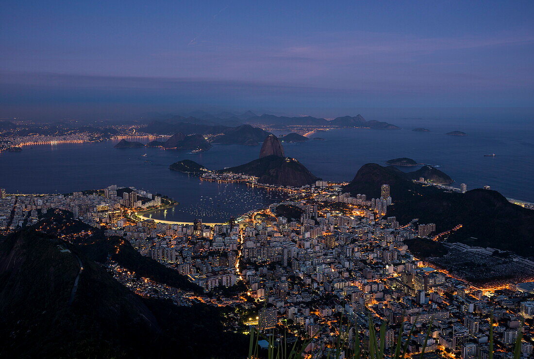 View from Cristo Redentor over Rio de Janeiro at night, Corcovado, Rio de Janeiro, Brazil, South America