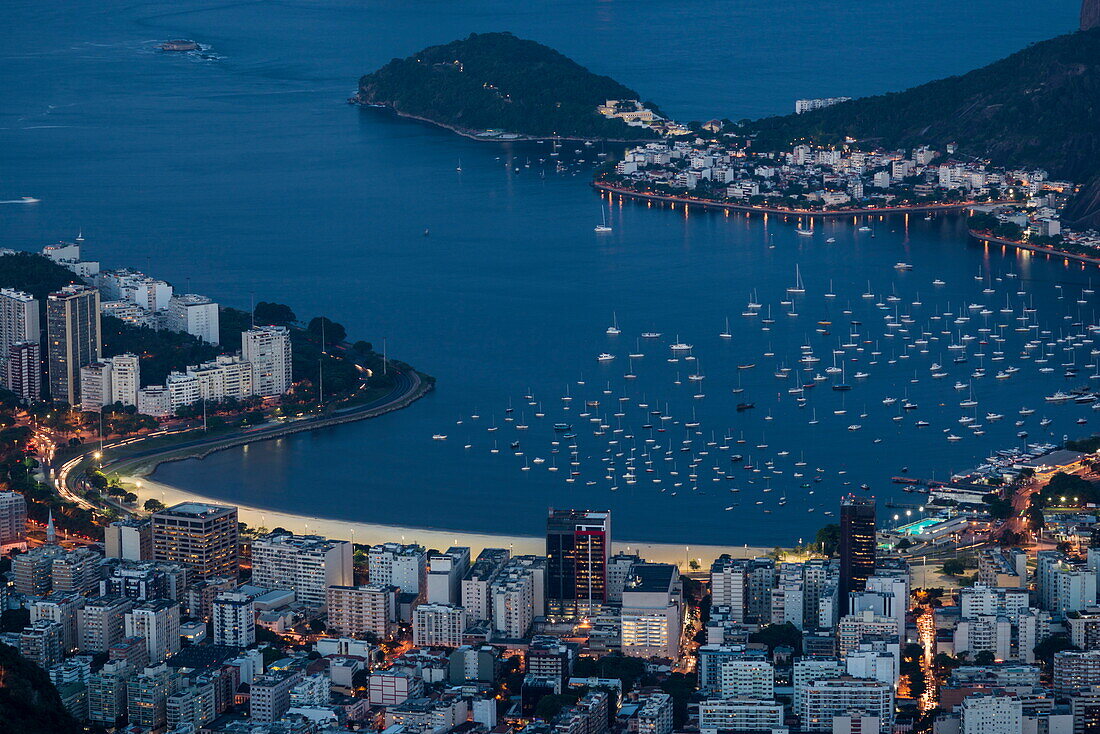 View from Cristo Redentor over Rio de Janeiro at night, Corcovado, Rio de Janeiro, Brazil, South America