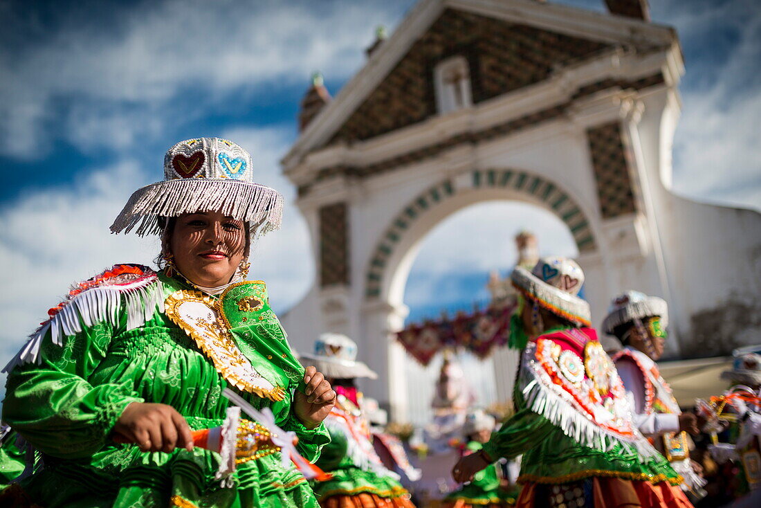 Dancers in traditional costume, Fiesta de la Virgen de la Candelaria, Copacabana, Lake Titicaca, Bolivia, South America