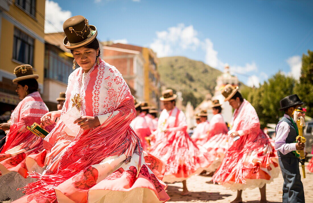 Dancers in traditional dress, Fiesta de la Virgen de la Candelaria, Copacabana, Lake Titicaca, Bolivia, South America