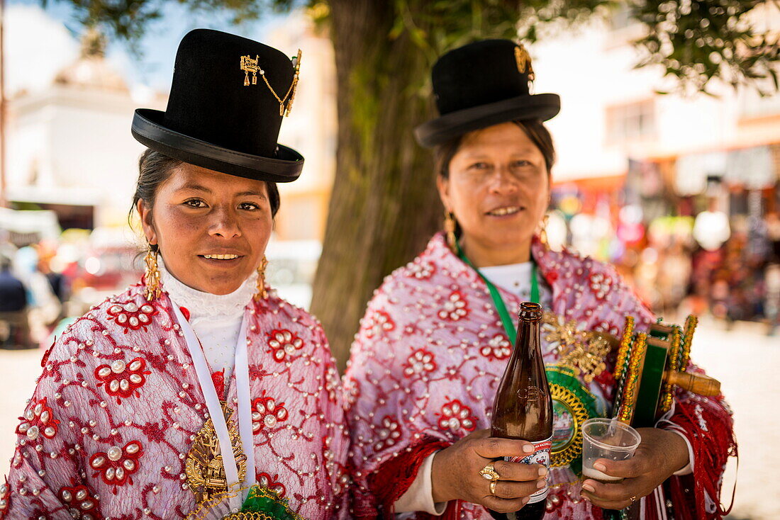Dancers in traditional dress, Fiesta de la Virgen de la Candelaria, Copacabana, Lake Titicaca, Bolivia, South America