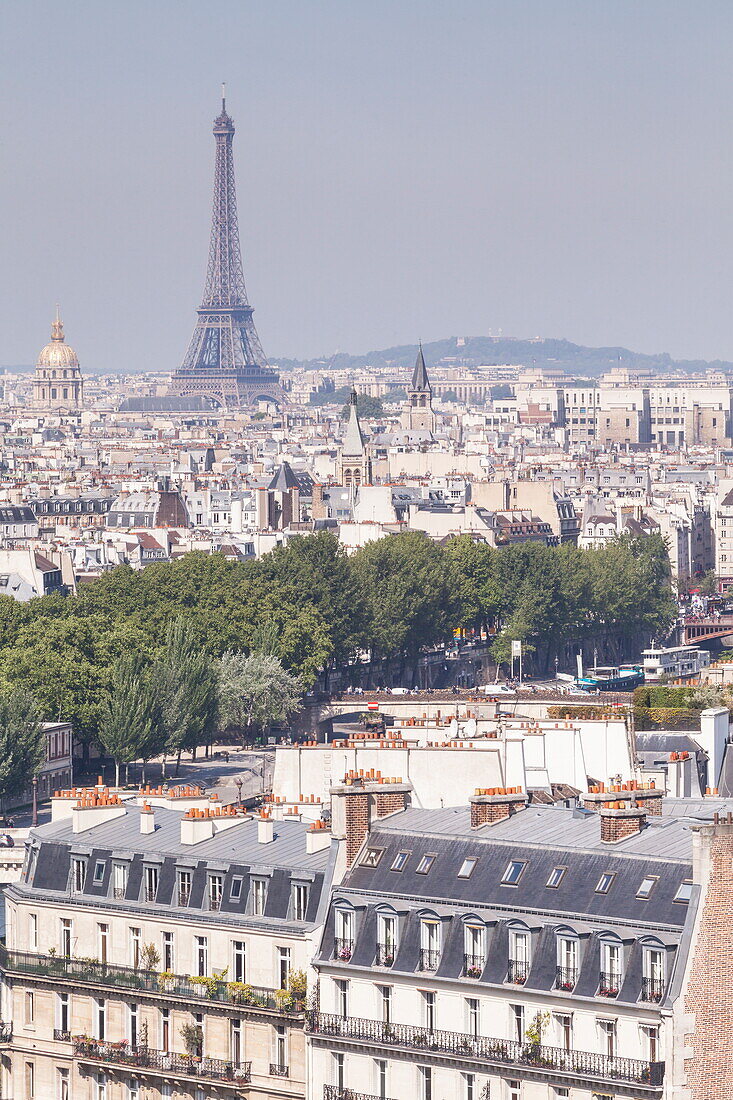 The Eiffel Tower over the rooftops of Paris, France, Europe