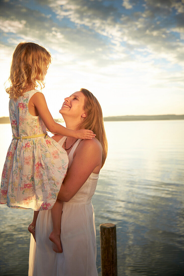 Mother and daughter at lake Starnberg, Upper Bavaria, Bavaria, Germany