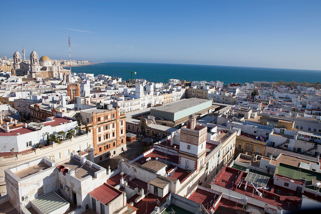 View over the historical town of Cadiz with the Cathedral, Cadiz Province, Andalusia, Spain, Europe