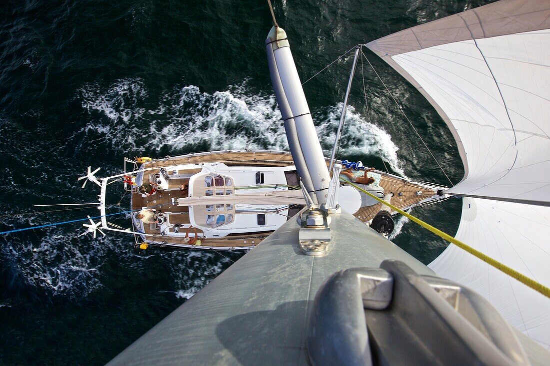 Sailing boat, yacht seen from above with trade wind sails during the Atlantic crossing
