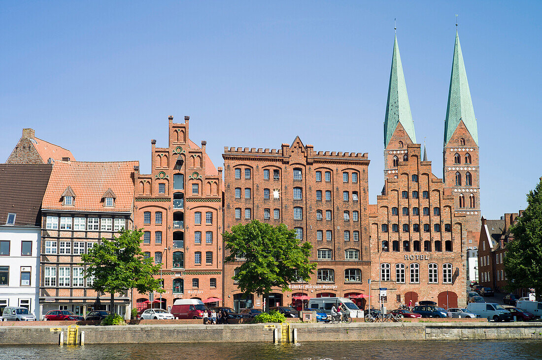 View over river Trave to historic city with church of St. Mary, Lubeck, Schleswig-Holstein, Germany