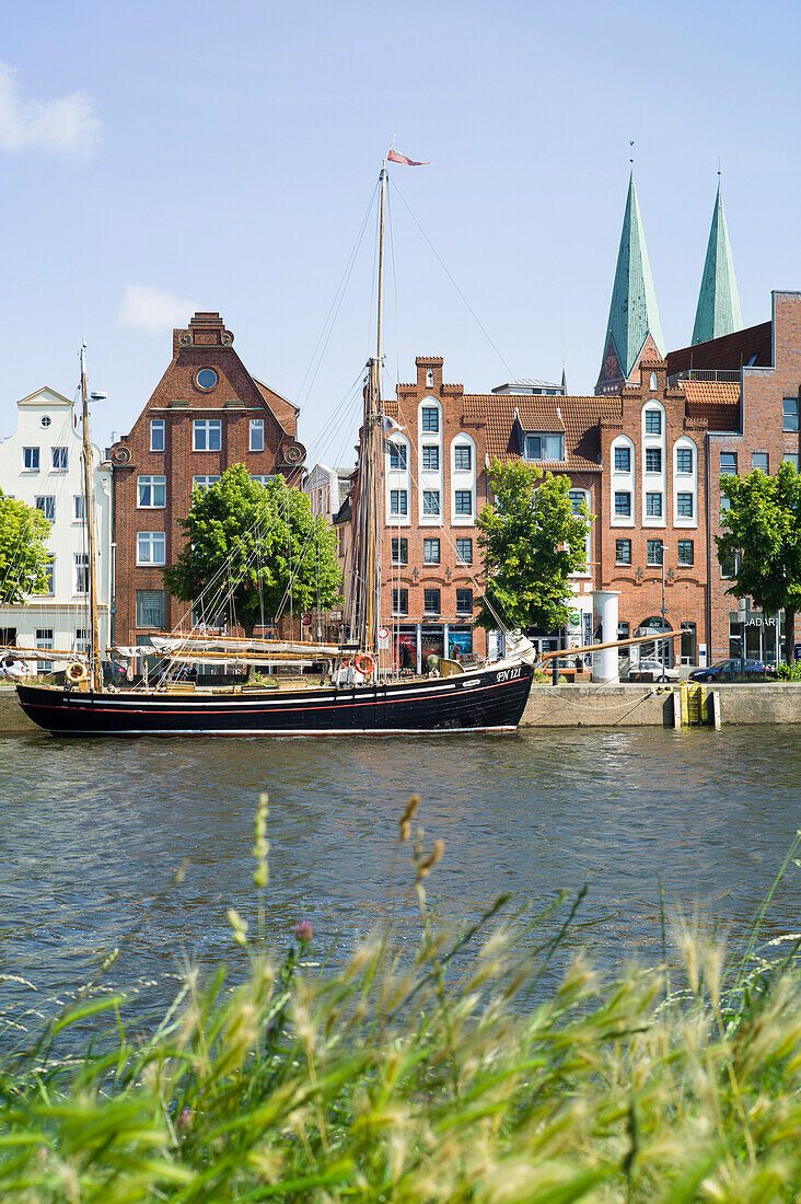 Traditional sailing ship on the river Trave, museum harbor, Lubeck, Schleswig-Holstein, Germany