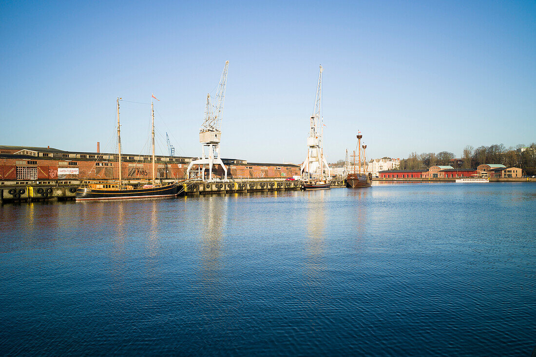 Traditional sailing ships on the river Trave, museum harbor, Lubeck, Schleswig-Holstein, Germany