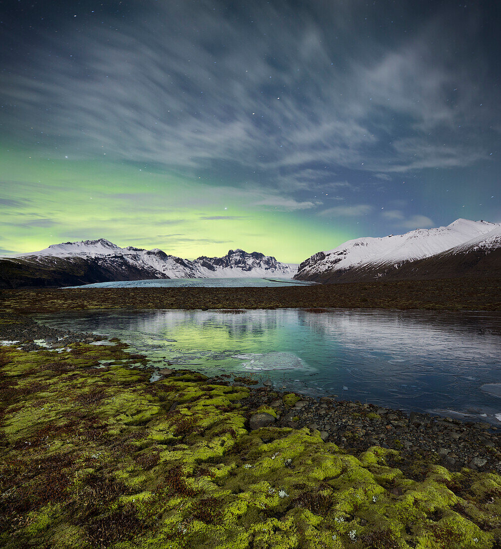 Skardatindur, Moospolster, Nordlicht, Skaftafellsjökull, Skaftafell, Südisland, Island