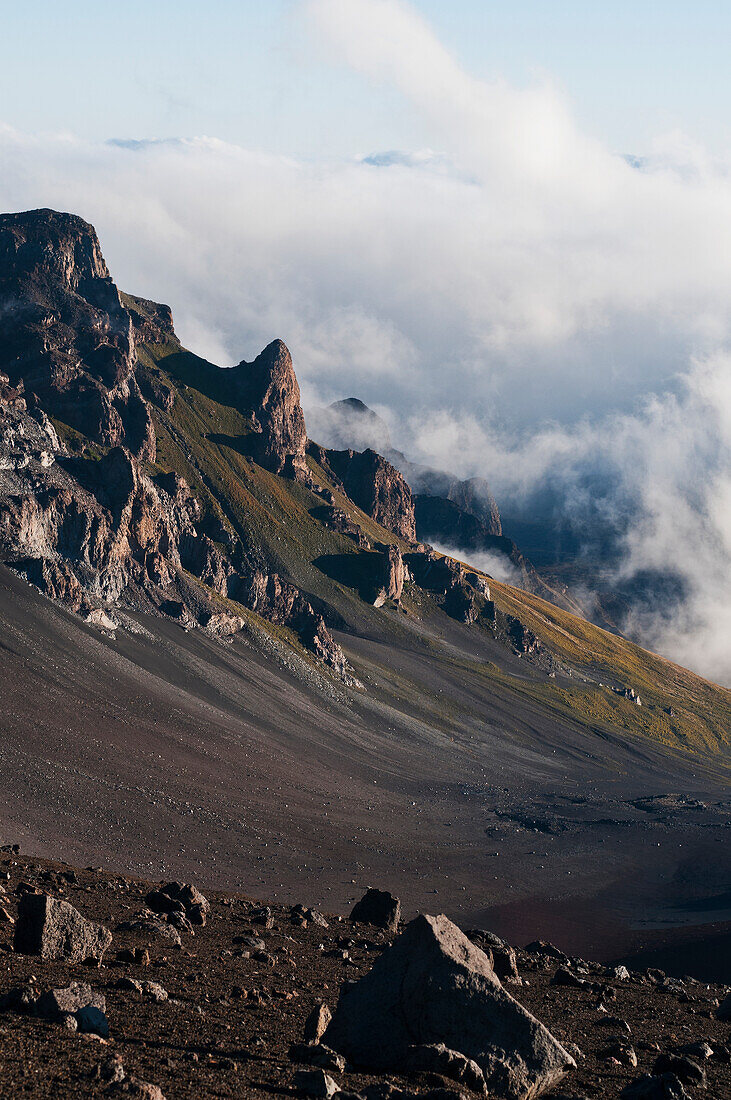 'Morning clouds begin to burn off of Haleakala National Park; Maui, Hawaii, United States of America'