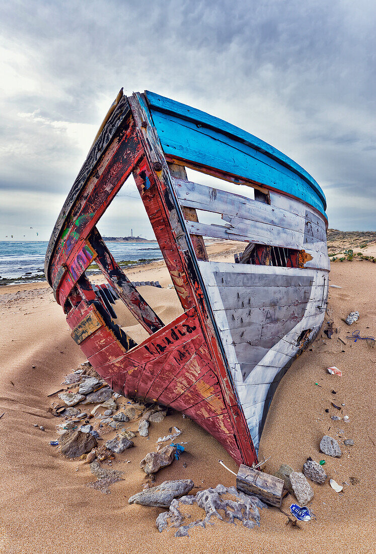 'Old fishing boat, Los Canos de Meca, Cape Trafalgar; Costa de la Luz, Cadiz, Andalusia, Spain'