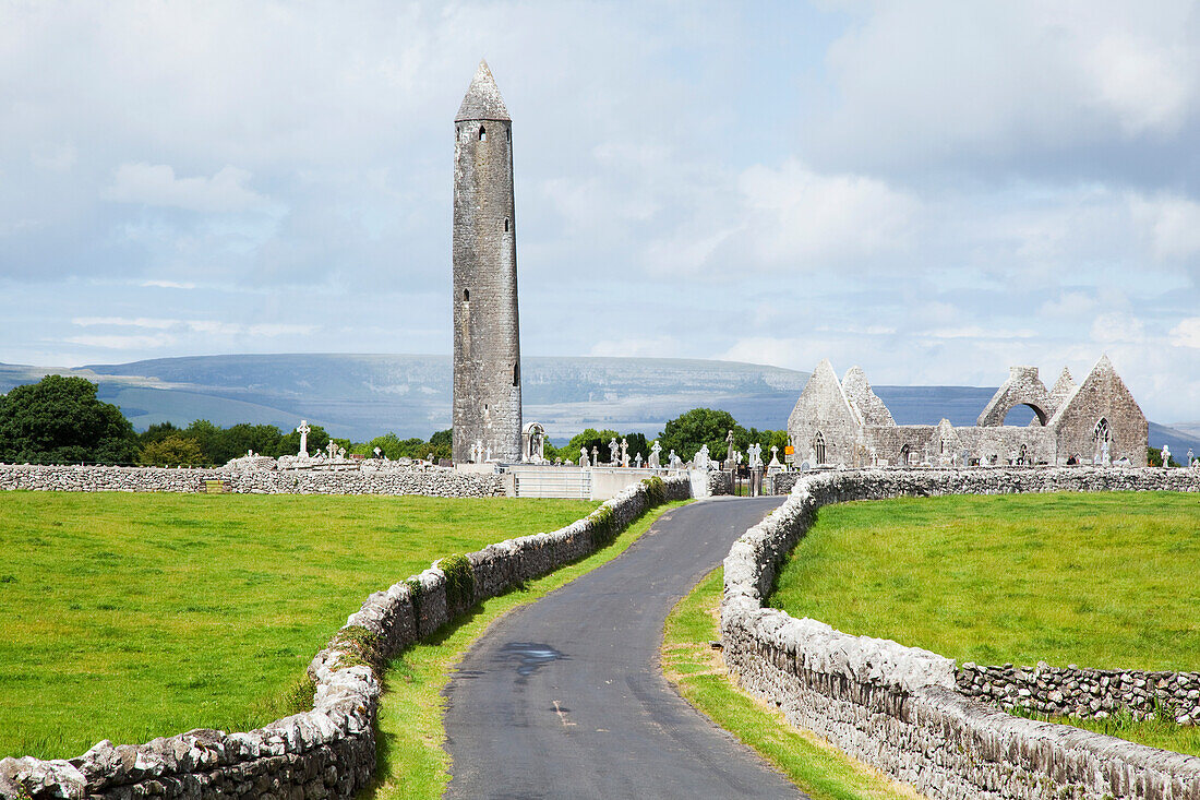 'Round tower at Kilmacduagh Monastery; County Galway, Ireland'