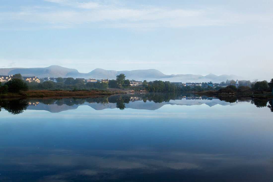 'Early morning mist in Sneem Harbour; Sneem, County Kerry, Ireland'