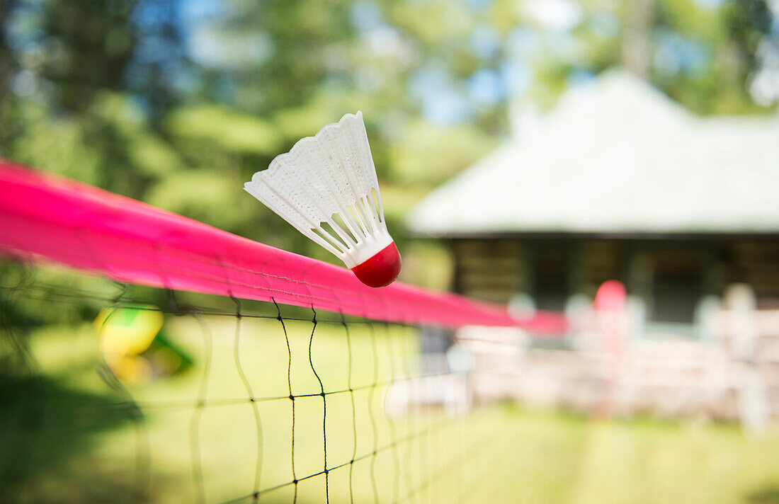 'Badminton shuttle cock flying over badminton net; Muskoka, Ontario, Canada'