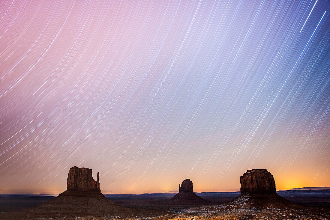 'Two-hour star trails capture with The Mittens at Monument Valley Navajo Tribal Park; Arizona, United States of America'