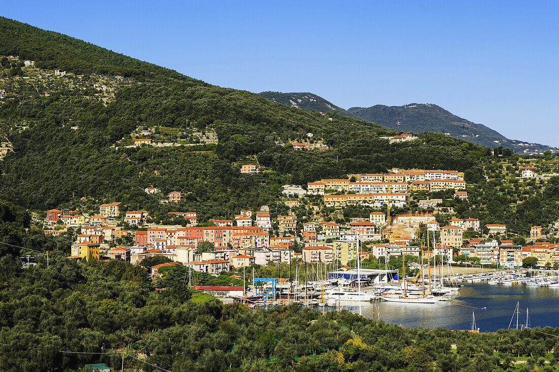 'City on a hillside and harbour; Le Grazie, Liguria, Italy'