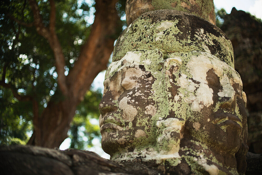 'Carved faces peer out from a temple in the Angkor Wat temple complex; Siem Reap, Cambodia'