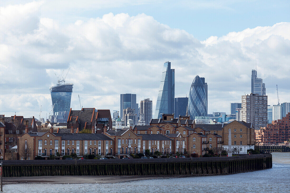 View of the City of London skyline, including the Gherkin and the Walkie Talkie buildings, taken from Canary Wharf, London, England, United Kingdom, Europe