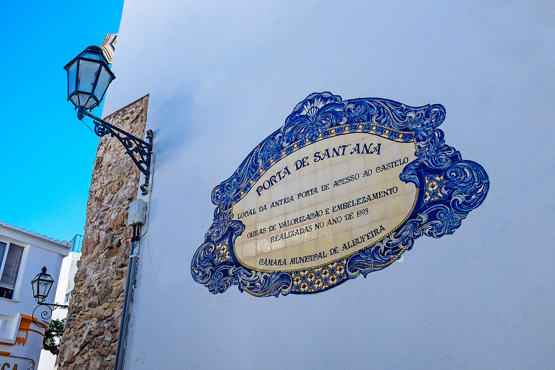 Traditional local street sign and street lamp, Old Town, Albufeira, Algarve, Portugal, Europe