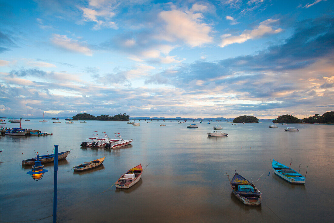 View of harbour, Los Puentes (Bridges to Nowhere) and Playa Cayacoa, Samana, Eastern Peninsula de Samana, Dominican Republic, West Indies, Caribbean, Central America