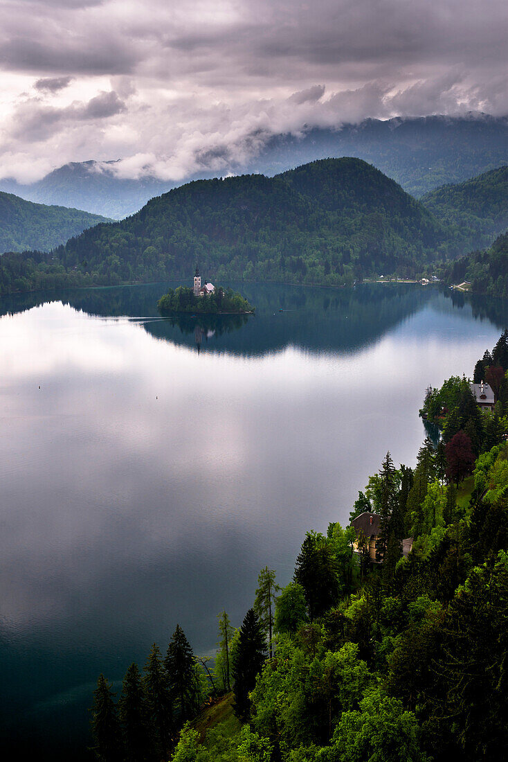 View of Lake Bled from Lake Bled Castle, Bled, Julian Alps, Gorenjska, Upper Carniola Region, Slovenia, Europe