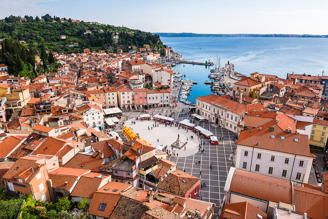 Piran and Tartini Square, seen from Church of St. George, Piran, Primorska, Slovenian Istria, Slovenia, Europe