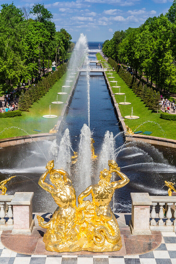 The Grand Cascade of Peterhof, Peter the Great's Palace, St. Petersburg, Russia, Europe