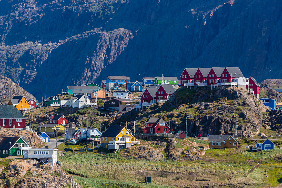 View of the brightly colored houses in Sisimiut, Greenland, Polar Regions