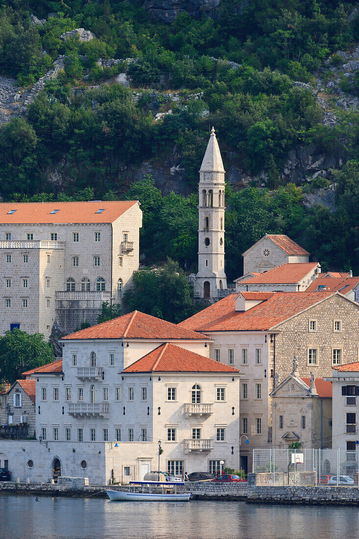 Church of Our Lady of the Rosary lit by early morning light, Perast, Bay of Kotor, UNESCO World Heritage Site, Montenegro, Europe