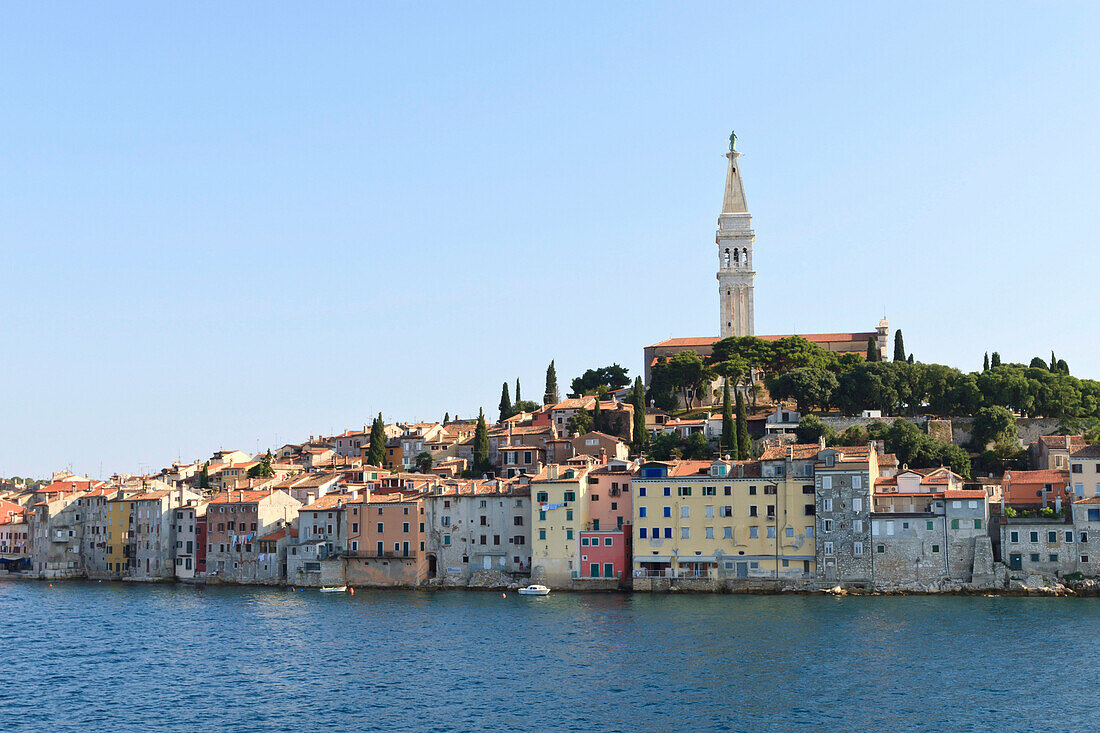 Church of St. Euphemia and Old Town from the sea on a summer's early morning, Rovinj (Rovigno) peninsula, Istria, Croatia, Europe