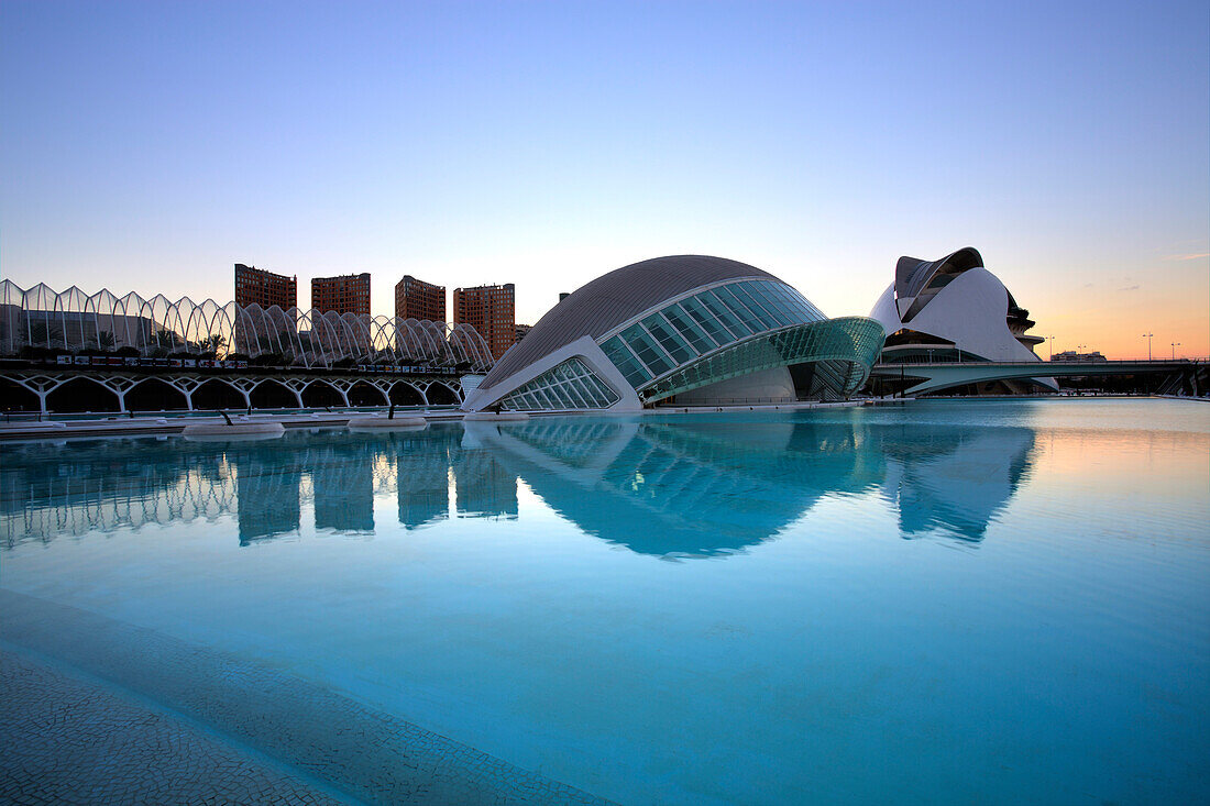 L'Hemisferic, L'Umbracle and El Palau de les Arts Reina Sofia at dusk at the City of Arts and Sciences (Ciudad de las Artes y las Ciencias), Valencia, Spain, Europe