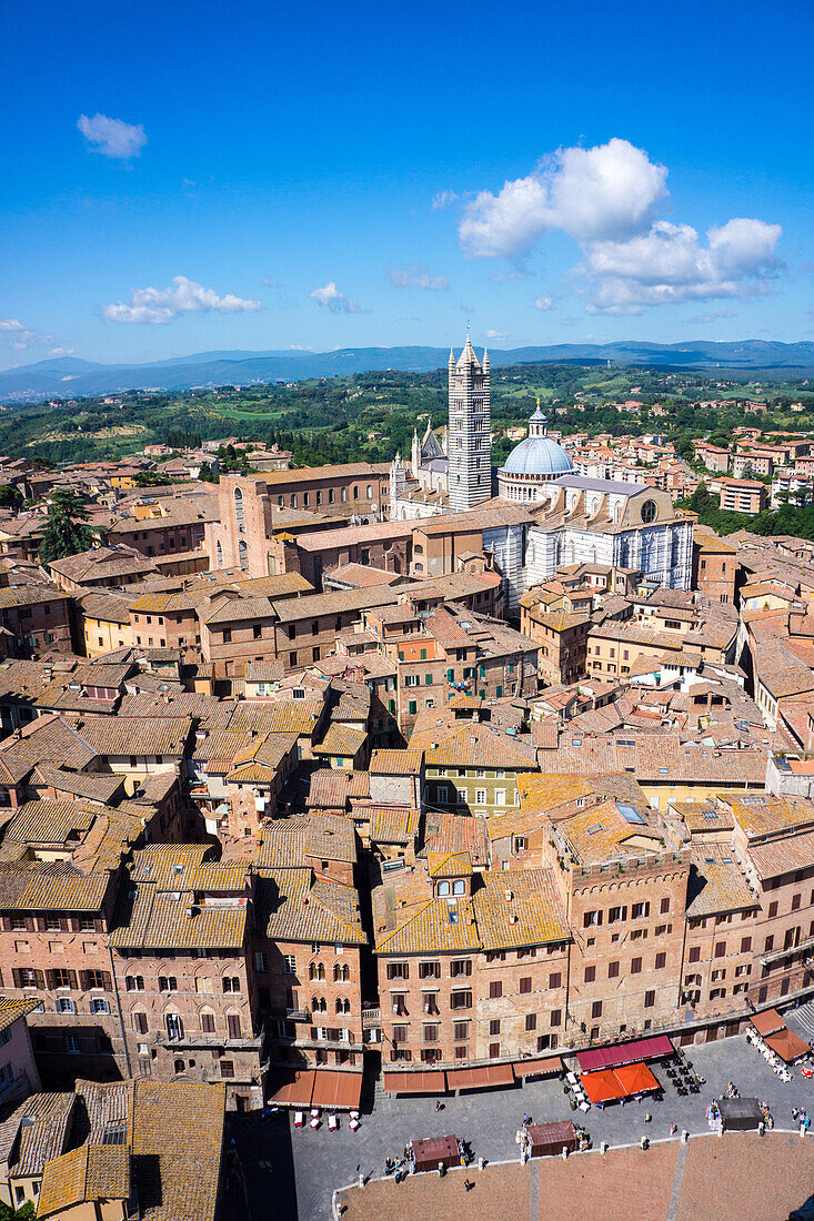 View from Torre del Mangia of Piazza del Campo and city skyline, UNESCO World Heritage Site, Siena, Tuscany, Italy, Europe