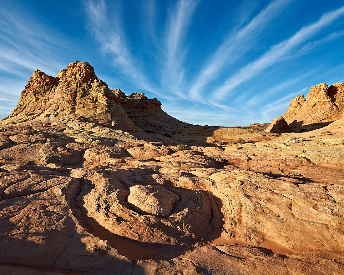 Sandstone formations with clouds, Coyote Buttes Wilderness, Vermilion Cliffs National Monument, Arizona, United States of America, North America
