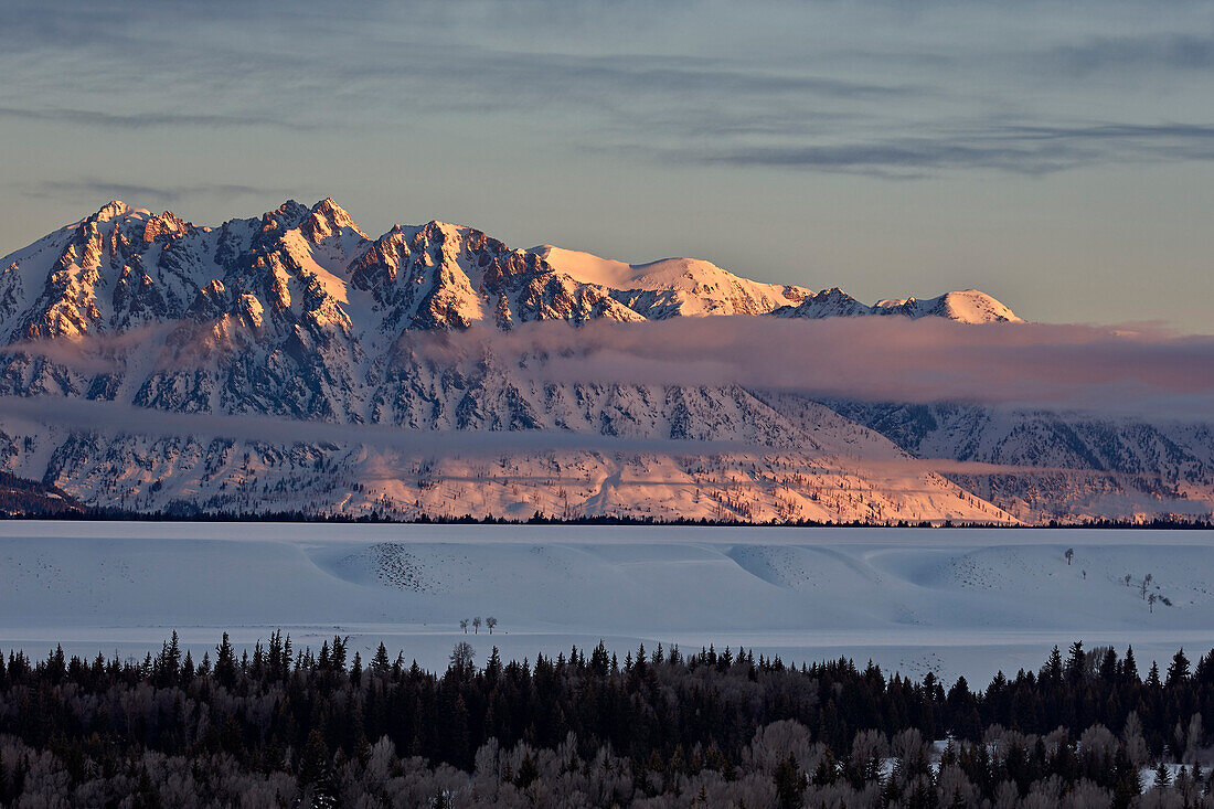 Teton Range at first light in the winter, Grand Teton National Park, Wyoming, United States of America, North America