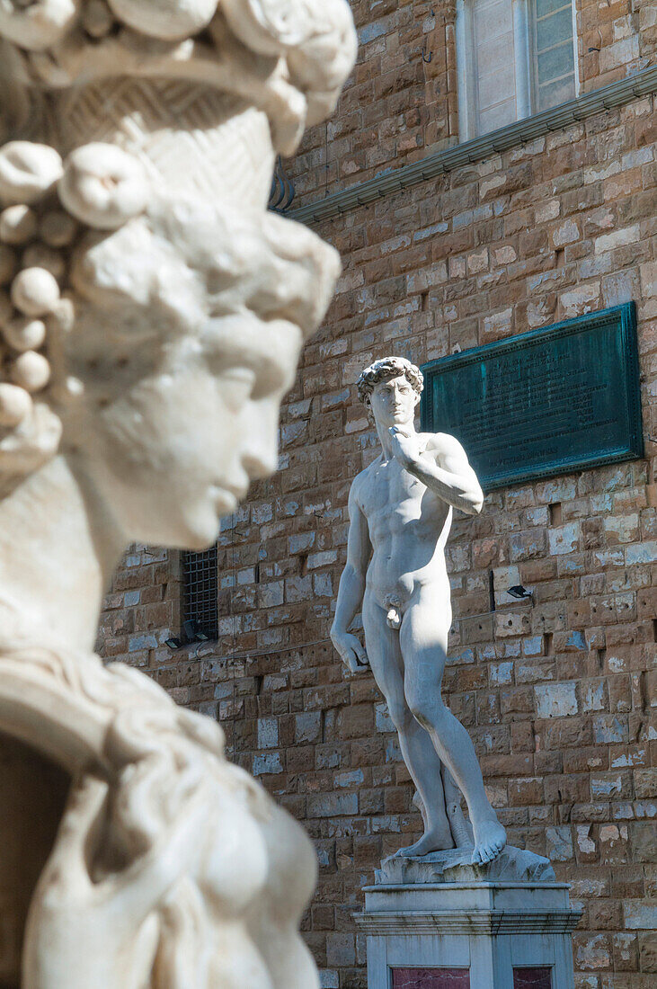 Pedestal of Perseus, The David, by Michelangelo, Piazza Signoria, Florence (Firenze), UNESCO World Heritage Site, Tuscany, Italy, Europe