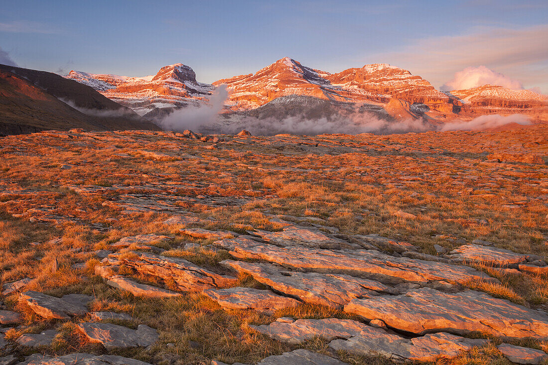 Sunset at Sorores peaks, view from the Viewpoint area - Balcones de Ordesa-, National Park of Ordesa and Monte Perdido, Huesca, Spain.