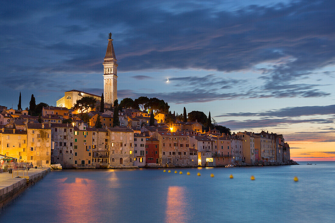 Church tower and the old town of Rovinj in the evening, Istria, Croatia